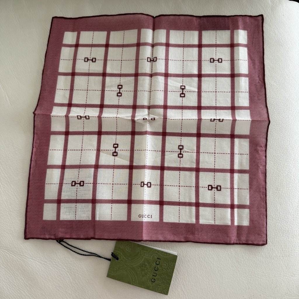 New Authentic Gucci Horsebit Check 100 Cotton Pocket Square Handkerchief